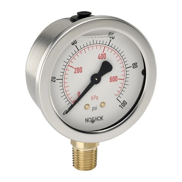 Noshok Vacuum Gauge, 2.5" 304SS Case, Copper Alloy Internals, 30 vac/kPa, 1/4 NPT Male Back Conn, Glycerin Filled 25-911-30-vac/kPa